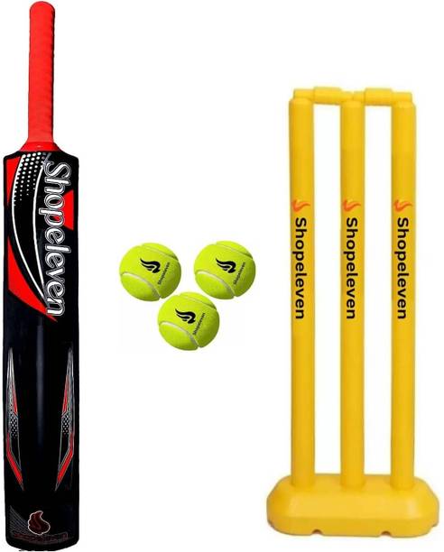 Shopeleven Plastic Bat, Stumps, and 3 Soft Tennis Balls, All-in-One Cricket Training Kit PVC/Plastic Cricket  Bat For 15+ Yrs