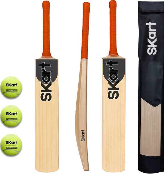 skart Wooden Cricket Bat Size-4 for Boys 7–12 Years with 3 Tennis Ball and Bact Cover Cricket Kit
