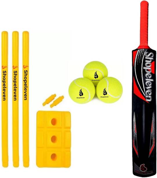 Shopeleven Cricket Bat and Stumps Practice Set – Plastic Combo with 3 Tennis Balls PVC/Plastic Cricket  Bat For 15+ Yrs