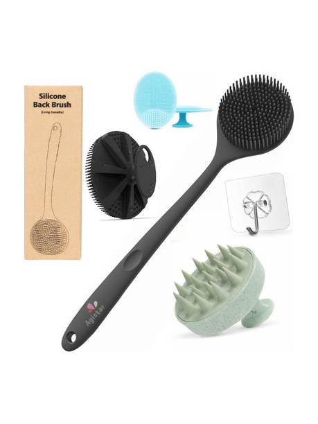Agistar 5 in 1 Bath Brush Set- body scrubber+Scalp Massager Face & Body Exfoliator Brush