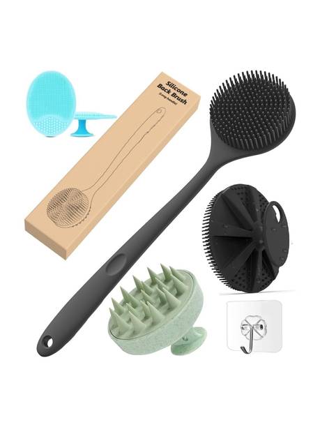 Partiz Silicon Shower Bath BackBrush+Body Scrubber+Scalp Massager+Face Scrubber+Hooks-3
