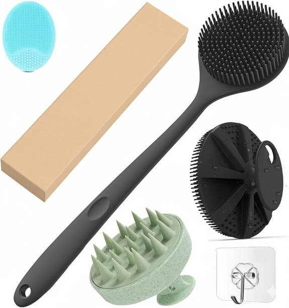 Green Stamp Silicone Bath Brush Set with Back Scrubber, Hair Massager & 3 Pcs Hook