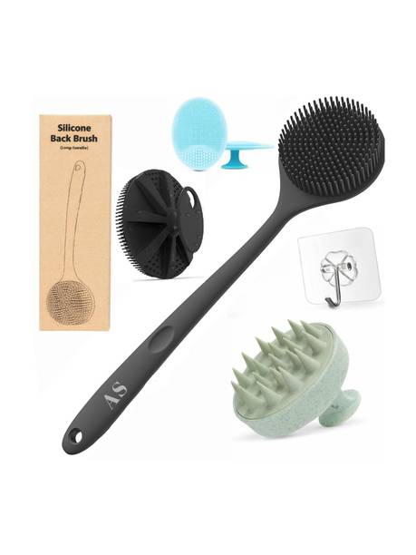 AS Silicone Back Scrubber Long Handle Bath Brush Body Scalp Massager Face Scrubber