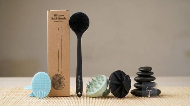 Primewell Silicon Shower Bath Back Brush+Body Scrubber+Scalp Massager+Face Scrubber+Hooks