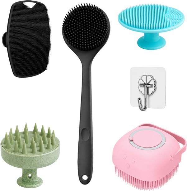 FEXMON 6 in 1 Bath Set Face Pad, Round Scalp Brush & Steel Hook for Body Cleaning