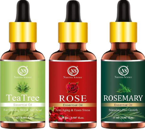Nuerma Science Tea Tree Essential Oil, Rosemary Essential Oil, Rose Oil 15 ML Each