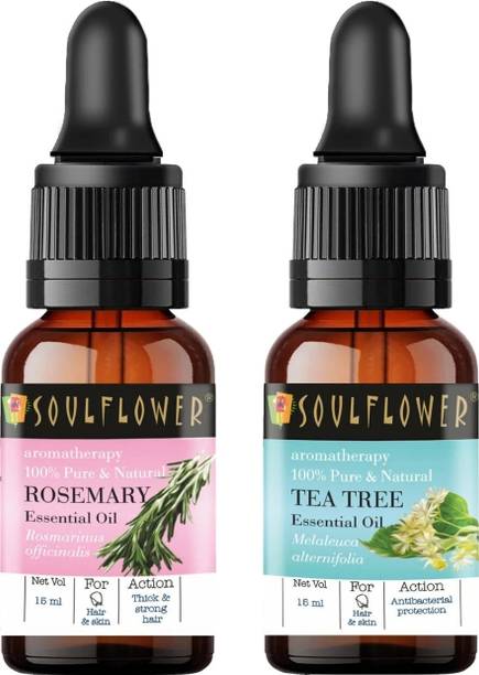 Soulflower Essential Oil Rosemary 15ml, Tea Tree 15ml, 100% Premium & Pure, Natural & Undiluted, For Anti Dandruff, Hair Growth, Acne Control, Camphor Family Premium Oil