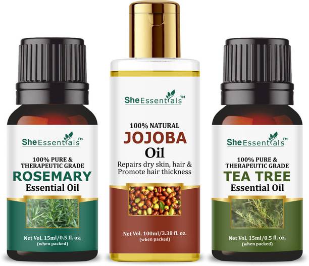 She Essentials Rosemary Essential Oil | Tea Tree | Jojoba Carrier Oil for Hair, Skin