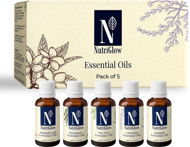 NutriGlow Pack of 5 Essential Oils, Lavender, Tea Tree, Rosemary, Sandalwood, Jasmine