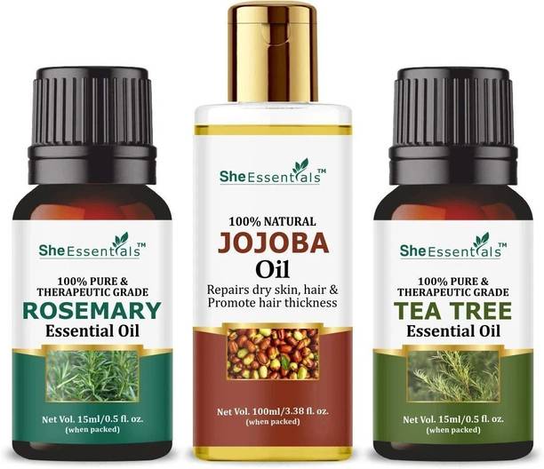 She Essentials Rosemary Essential Oil | Tea Tree | Jojoba Carrier Oil for Hair, Skin