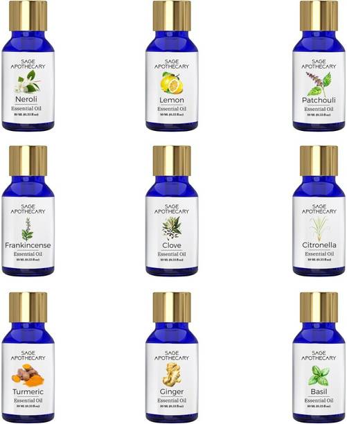 Sage Apothecary Essential Oil Combo 9 in 1 pack (Neroli, Frankincense, Turmeric, Lemon, Clove, Ginger, Patchouli, Citronella & Basil)│100% pure