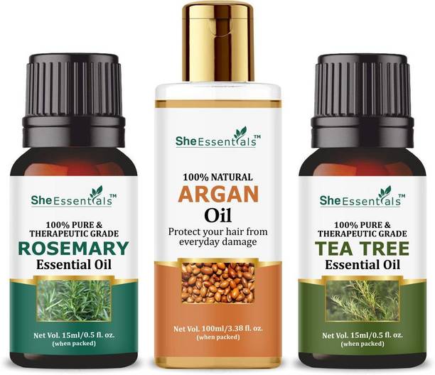 She Essentials Rosemary Essential Oil | Tea Tree | Argan Carrier Oil for Hair, Skin