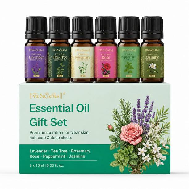 VedaOils Essential Oil Gift Set 6x10ml Lavender, Tea Tree, Jasmine, Rose, Rosemary