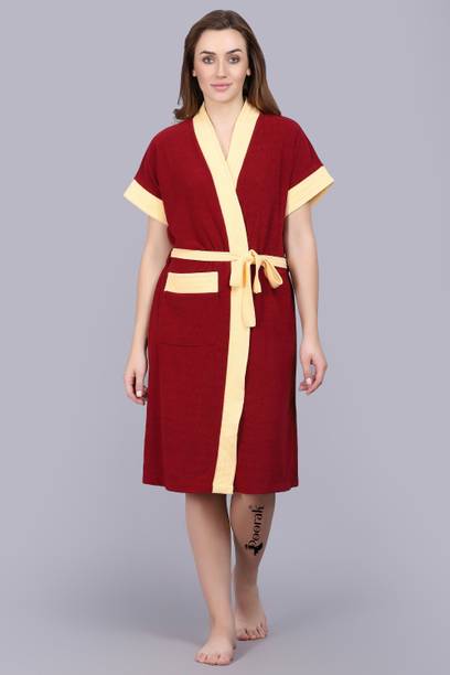 Poorak Beige Maroon Free Size Bath Robe