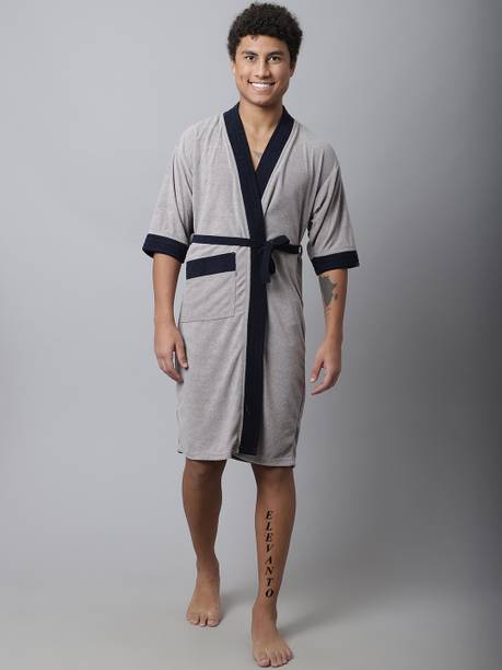 ELEVANTO GREY-NAVY Free Size Bath Robe