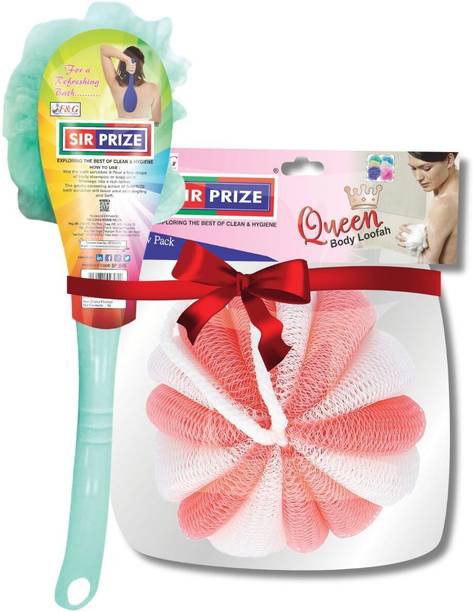 Sir Prize Bath Wash Soft Round & Back Body Loofah Scrubber Sponge with Long Handle -2Pcs