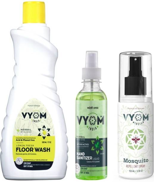 VYOM INDIA Floor Wash (500ml)+Hand Sanitizer Spray(250ml)+Mosquito Spray(100ml) Combo Lemongrass & Cedarwood Essential Oils scent