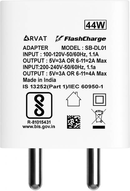 RVAT 44 W Quick Charge 4 A Wall Charger for Mobile with Detachable Cable
