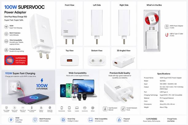 OnePlus 100 W SuperVOOC 8 A Wall Charger for Mobile with Detachable Cable