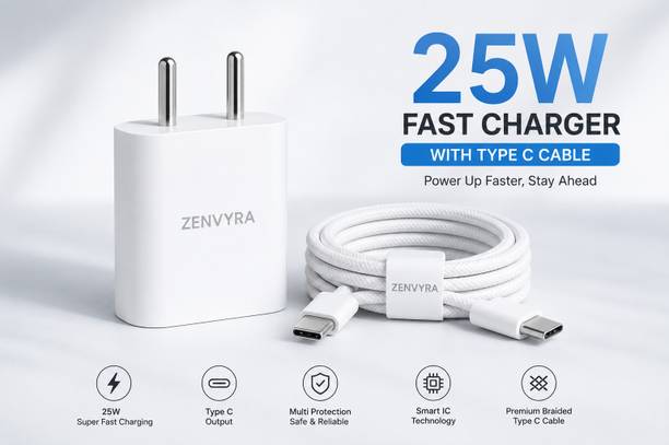 Zenvyra 25 W PD 3 A Wall Charger for Mobile with Detachable Cable