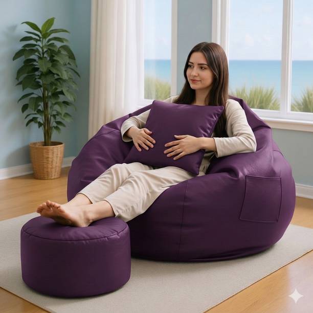 GIGLICK XXXL Faux Leather Leatherette Bean Bag with Footrest and Cushion Filled with Beans Bean Bag Chair  With Bean Filling