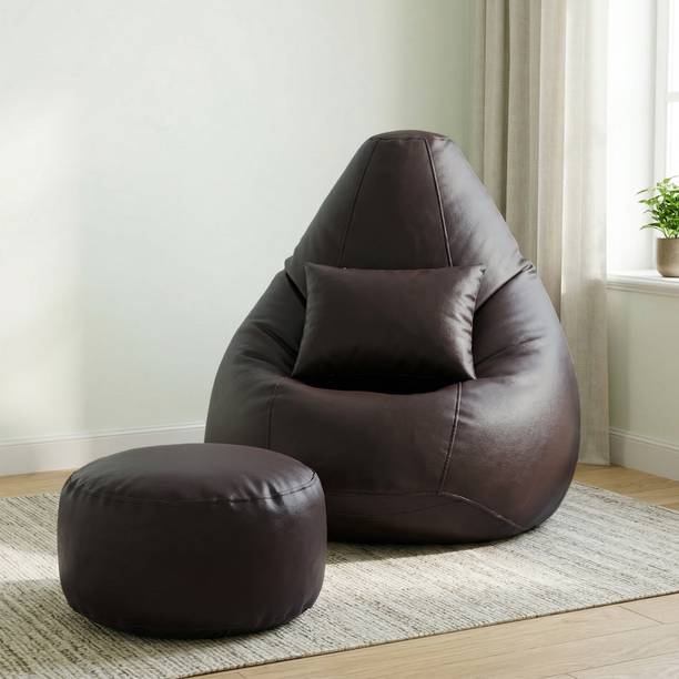Flipkart Perfect Homes Studio 5XL Bean Bag with Footstool & Cushion | Faux Leather Teardrop Bean Bag  With Bean Filling