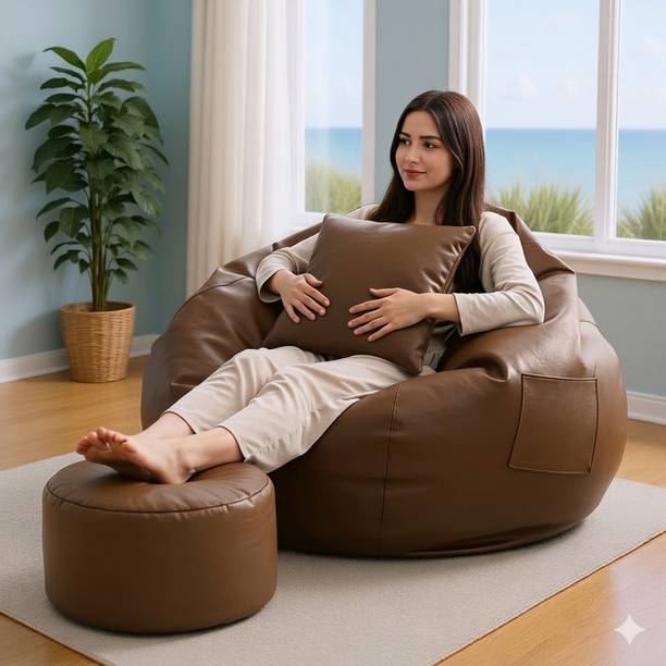 GIGLICK XXXL Faux Leather Leatherette Bean Bag with Footrest and Cushion Filled with Beans Bean Bag Chair  With Bean Filling