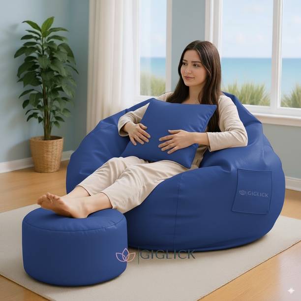 GIGLICK XXXL Faux Leather Leatherette Bean Bag with Footrest and Cushion Filled with Beans Bean Bag Chair  With Bean Filling