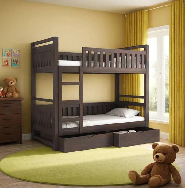 DITHA Solid Sheesham Wood Swift Bunk Bed With Drawer Storage For Kids Room. Solid Wood Single Drawer Bed