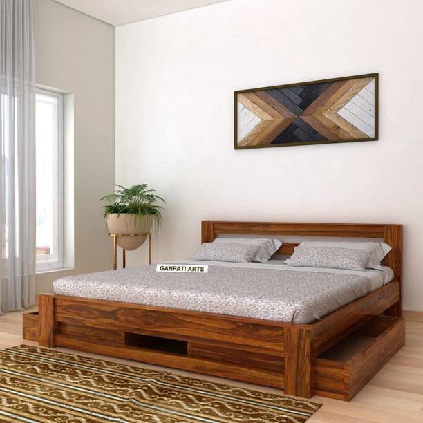 Ganpati Arts Sheesham Wood Foaster Bed/Cot for Bedroom/Hotel/LivingRoom with 2 Drawer Storage Solid Wood Queen Drawer Bed