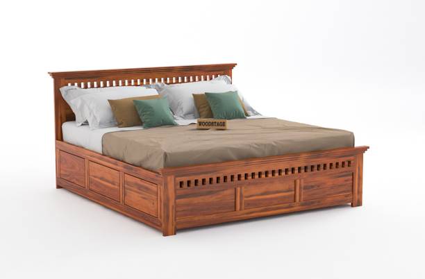 WOODSTAGE Sheesham Wood Queen Size Storage Bed With Headboard (Finish Color - Natural) Solid Wood Queen Box Bed