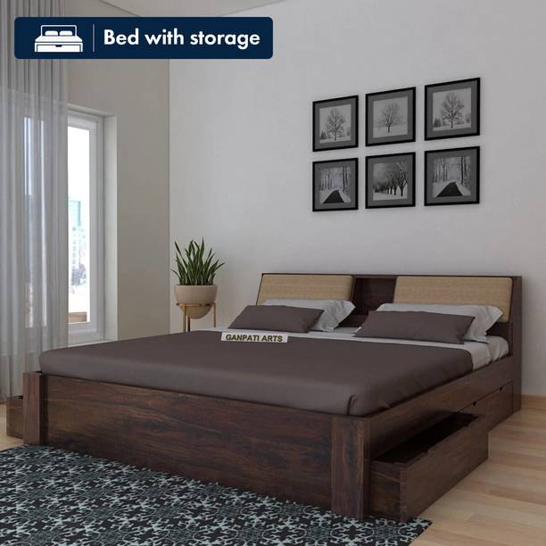 Ganpati Arts Sheesham Wood Mayor King Size Bed with 4 Drawer Storage for Bedroom Living Room Solid Wood King Drawer Bed, 223.52 cm x 187.96 cm (7.33 ft x 6.17 ft)
