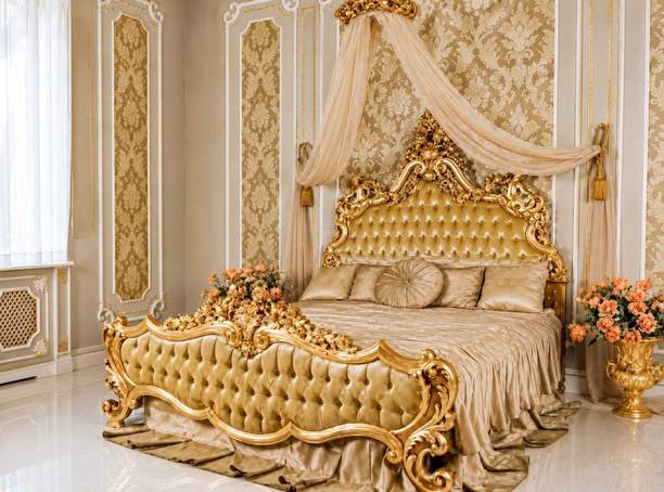 Ashiana Handicrafts Luxury Hand Carved Maharaja Tufted Bed Solid Wood Double Bed, 188 cm x 195 cm (6.17 ft x 6.4 ft)