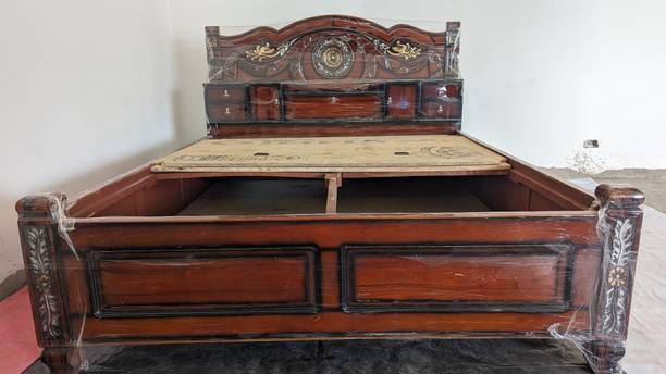 Menu Furniture BlackBerry Wooden Bed King Size | with Drawer and Well Crafted Uniquely Curved Solid Wood King Box Bed