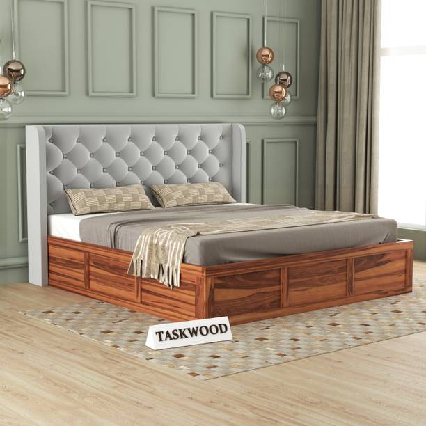 Taskwood Furniture Solid Wood Queen Size Bed With Fabric Headboard And Box Storage For Bedroom Solid Wood Queen Box Bed