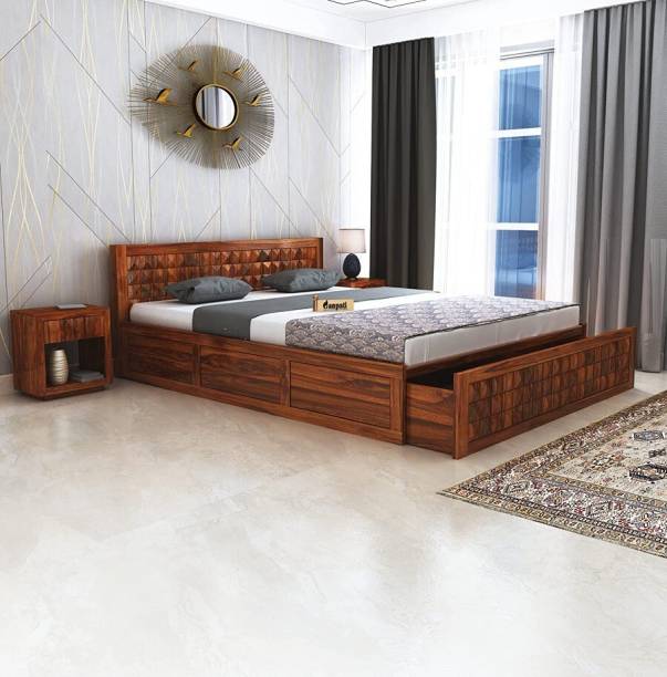 Ganpati Arts Sheesham Wood King Size Bed with Half Box and Front Trolly Storage for Bedroom Solid Wood King Drawer Bed