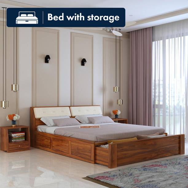 Dreamydesks Sheesham Wood Queen Size Bed with Drawer Storage Solid Wood Queen Drawer Bed, 211 cm x 158 cm (6.92 ft x 5.18 ft)