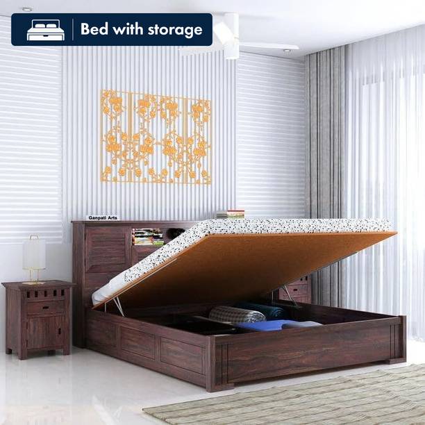 Ganpati Arts Sheesham Wood Maharaja Groove Bed/Cot/Palaung With Hydraulic Storage For Home Solid Wood King Hydraulic Bed, 218 cm x 187 cm (7.15 ft x 6.14 ft)