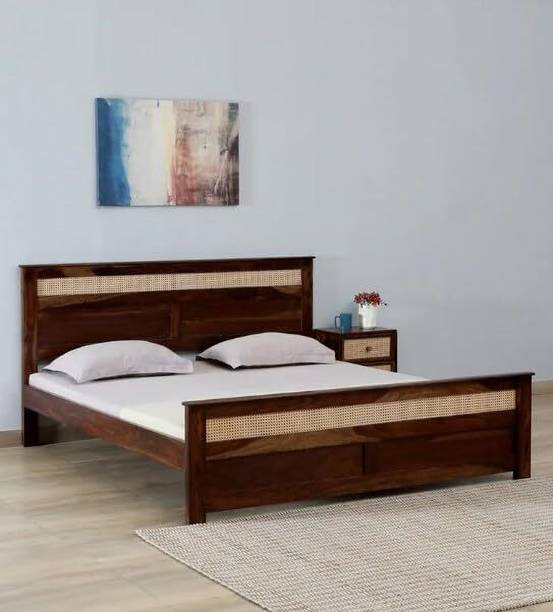 NOBLE ART Solid Sheesham Wood Rattan Design King Size Bed Solid Wood King Bed, 207 cm x 191 cm (6.79 ft x 6.27 ft)