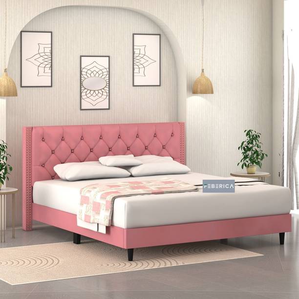 FEBERICA Engineered Wood Fabric King Size Bed with Upholstered Headboard for Bedroom | Engineered Wood King Bed, 190.5 cm x 210.82 cm (6.25 ft x 6.92 ft)