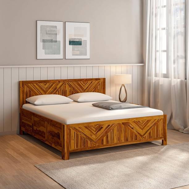 Wakeup India Alpha Sheesham Wood Bed | Light Honey Bed with Storage | 78x72 Inch Solid Wood King Hydraulic Bed