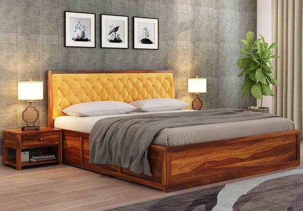 DITHA Solid Wood Bed| Wooden King Size Bed|Sheesham Wood Box Bed|Fabric Headboard Bed| Solid Wood King Box Bed, 208 cm x 187 cm (6.82 ft x 6.14 ft)
