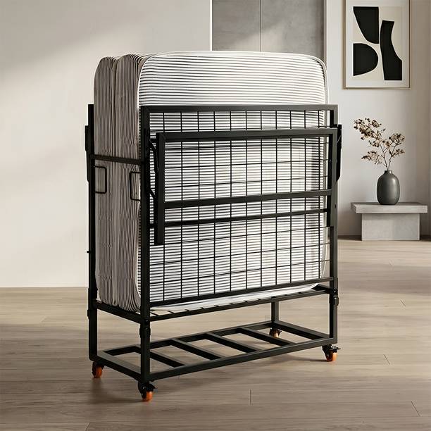 Nilkamal Zoe Folding Bed with Mattress| Space Saving Portable Rollaway Bed with Wheels| Metal Single Bed, 198.5 cm x 94 cm (6.51 ft x 3.08 ft)