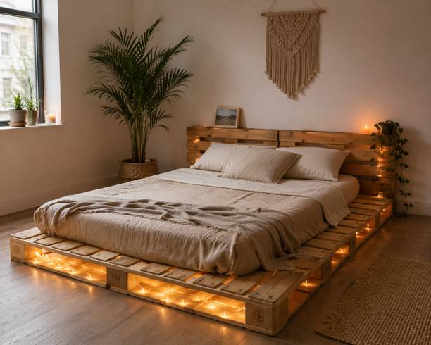 wakeflt Pallet Bed with Led lights Bringing Comfort, Earthy Elegance Solid Wood Single Bed, 190 cm x 90 cm (6.23 ft x 2.95 ft)