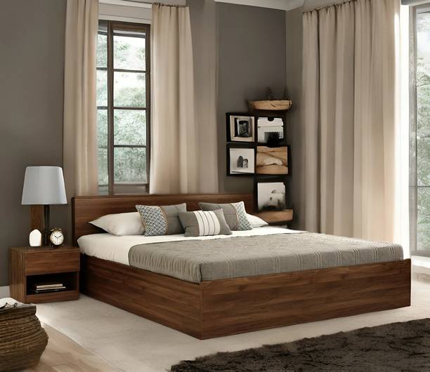 OmkarWood Elegance Queen size Box Bed with Storage|Walnut Finish|Modern Bedroom Furniture Engineered Wood Queen Box Bed