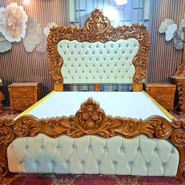 impression art store Teak Wood King Size Bed | with Side Table and Storage Box | Upholstered Solid Wood King Box Bed, 182.88 cm x 121.92 cm (6.0 ft x 4.0 ft)