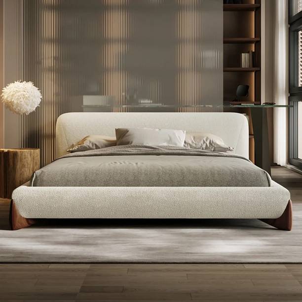 NG Decor Curva Boucle Queen Upholstered Platform Bed with Walnut Legs Engineered Wood King NA Bed