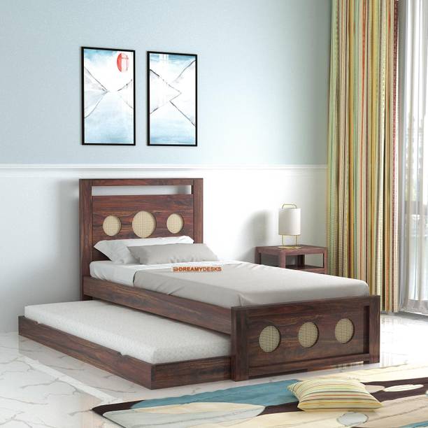 Dreamydesks Sheesham Wood Single Size Trundle Bed with 1 Extra Pullout Bed Solid Wood Single Bed, 206 cm x 99 cm (6.76 ft x 3.25 ft)