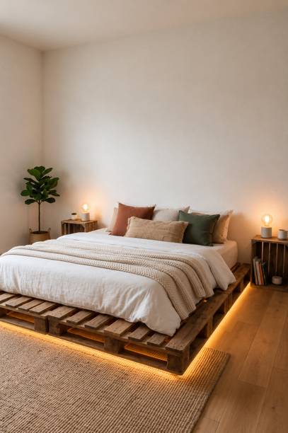 Wakeflow Elegant pallet platform 4x3 designed luxury, comfort,natural aesthetic bedroom Engineered Wood Double Bed, 122 cm x 92 cm (4.0 ft x 3.02 ft)
