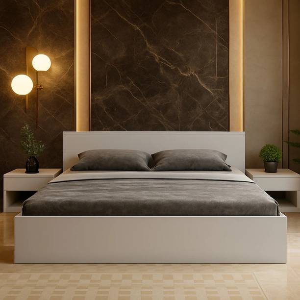 OmkarWood OmkarWood Elegance Queen Bed with Box Storage Frosty White Finish Engineered Wood Queen Box Bed